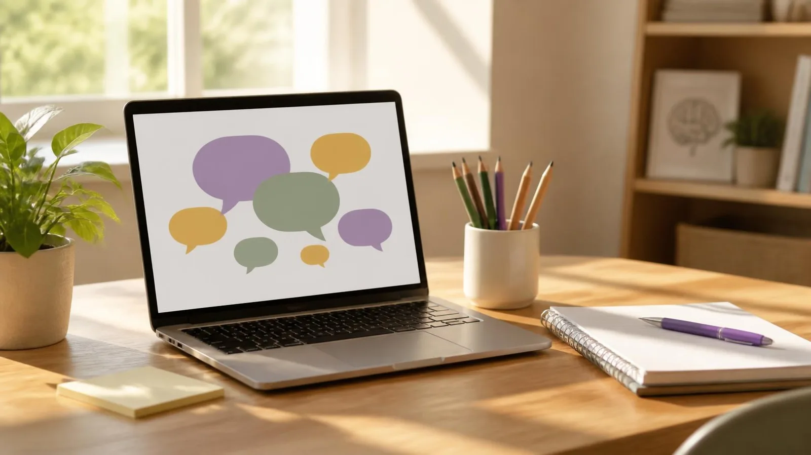 A laptop with colourful speech bubbles on a sunny desk