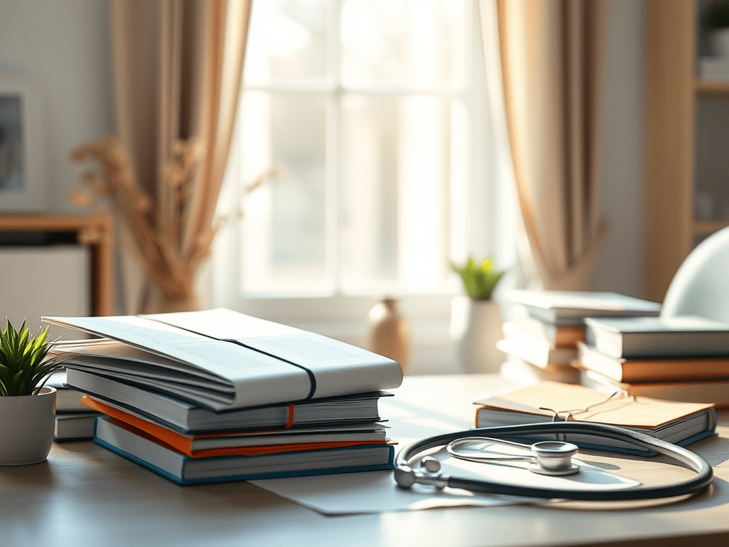 Image générée avec IA d'une table avec des livres et un outil qui ressemble à un stéthoscope